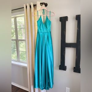 Satin aqua, teal, green, blue colored prom dress with slit and train. WORN ONCE
